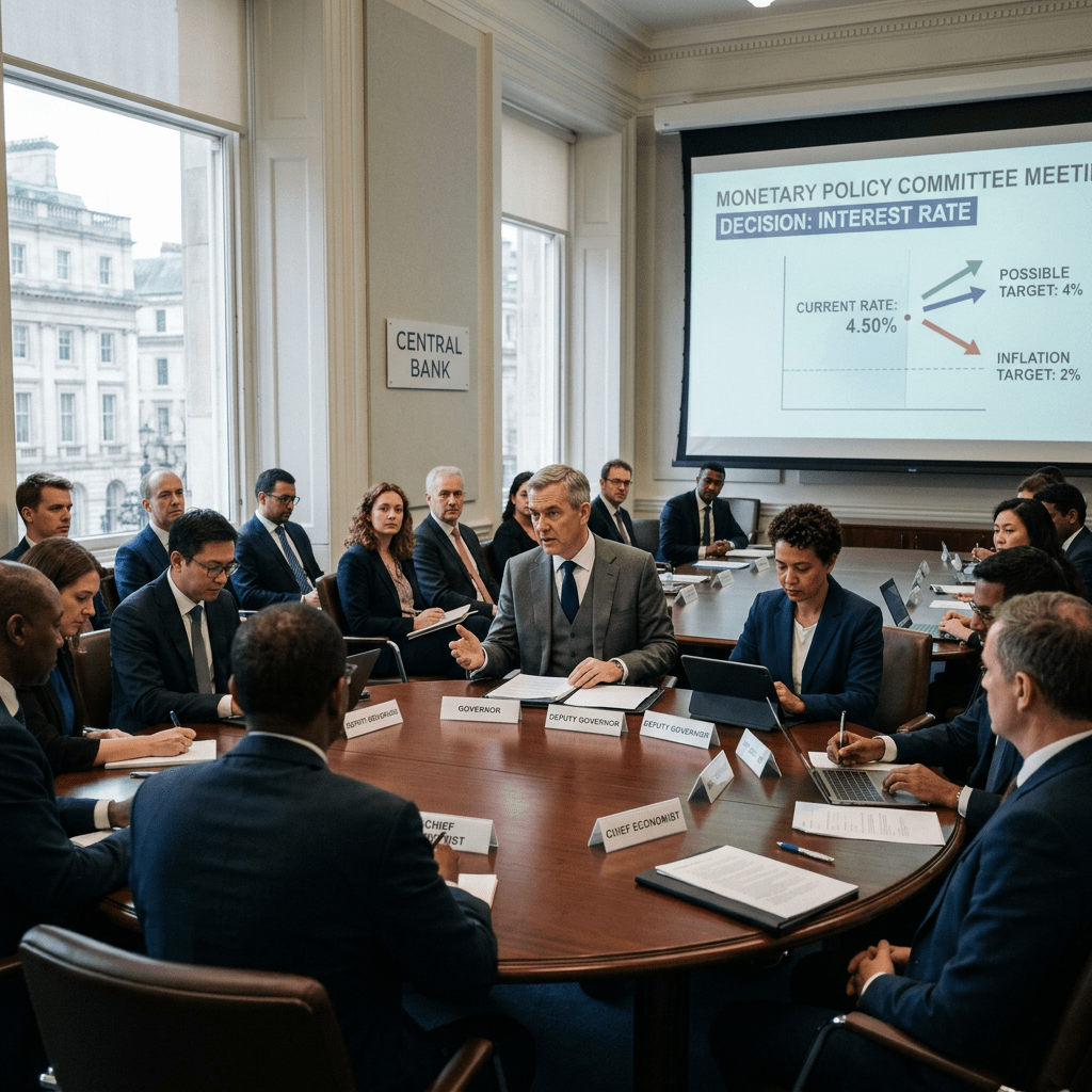 Group of central bank officials in a meeting discussing interest rate decisions