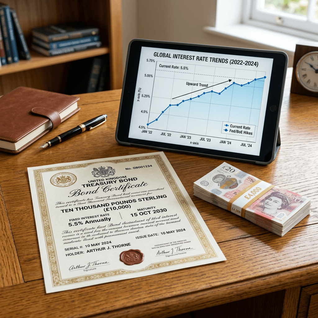 UK Treasury bond certificate, stack of British pounds, and tablet displaying upward global interest rate trends from 2022 to 2024