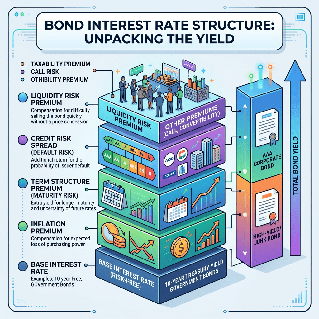 Infographic illustrating the components of bond interest rate structure including base interest rate, inflation premium, term structure premium, credit risk spread, liquidity risk premium, and other premiums.