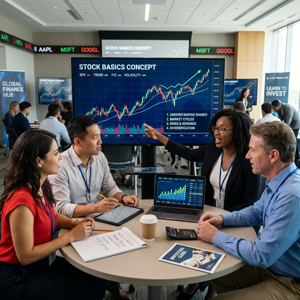 Four people in a meeting discussing stock market charts and investment concepts