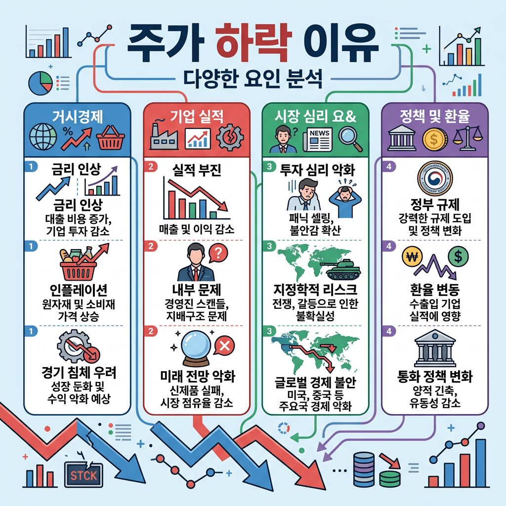 Infographic explaining reasons for stock price decline including economic, corporate, market psychology, and policy factors